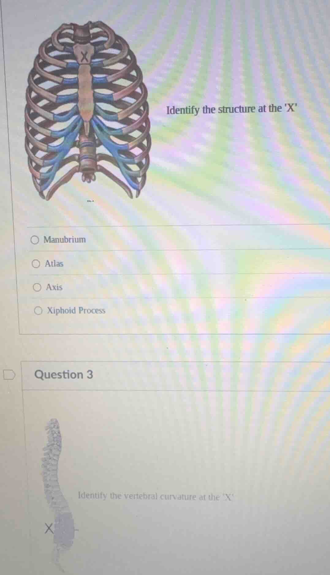 identify the structure at the x○ manubrium○ atlas○ axis○ xiphoid proces…