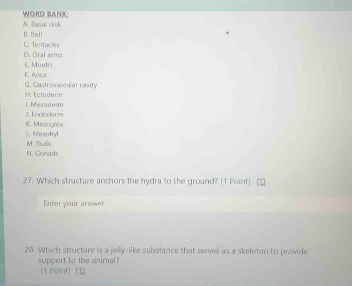 word bank: a. basal disk b. bell c. tentacles d. oral arms e. mouth f. …