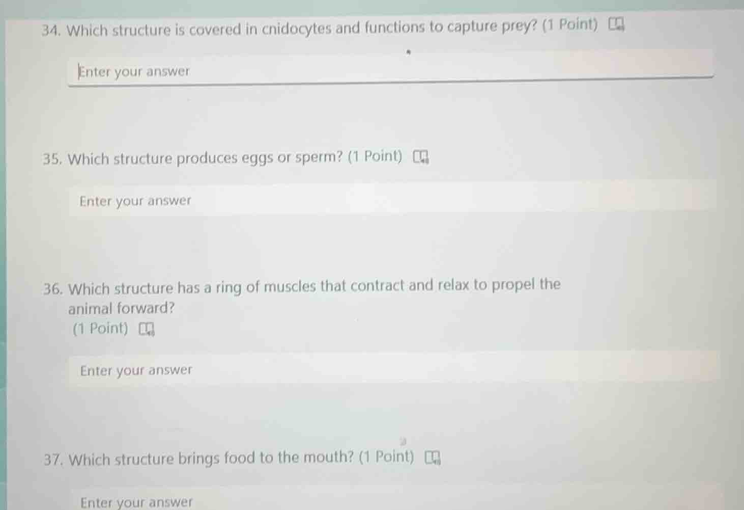 34. which structure is covered in cnidocytes and functions to capture p…