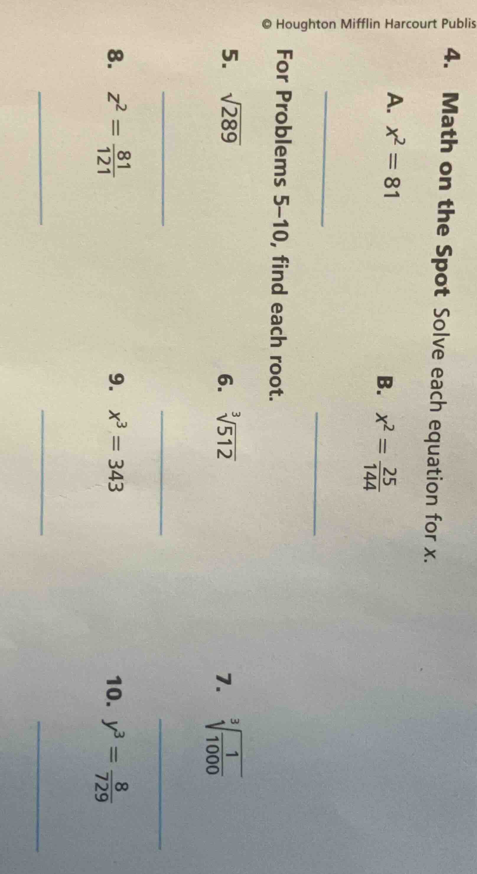 © houghton mifflin harcourt publis 4. math on the spot solve each equat…