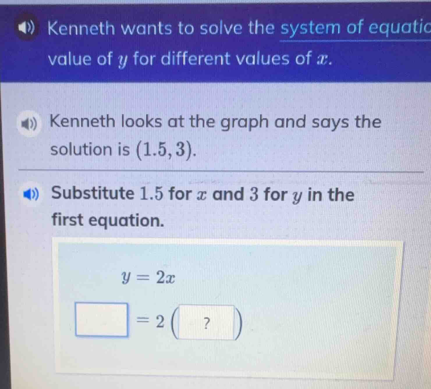 kenneth wants to solve the system of equatiovalue of $y$ for different …