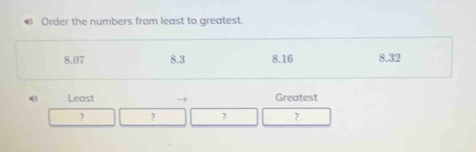 order the numbers from least to greatest. 8.07 8.3 8.16 8.32 least → gr…