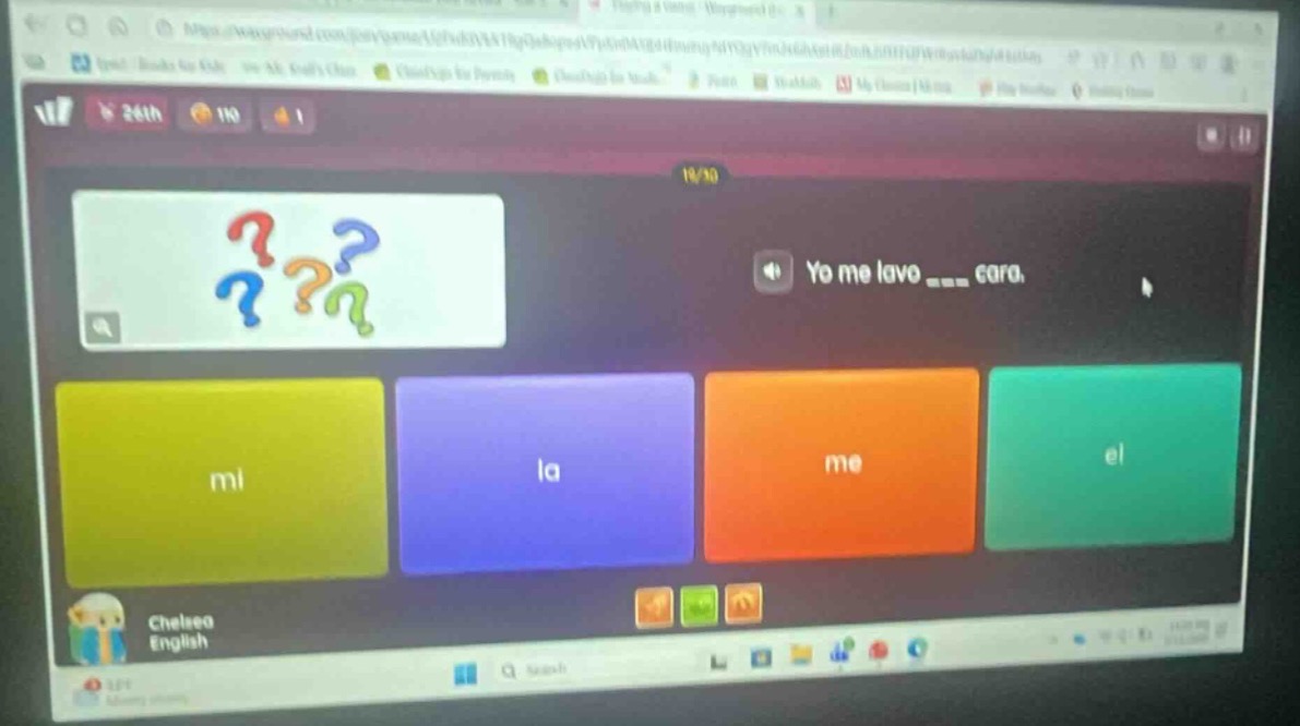 yo me lavo ____ cara. options: mi la me el