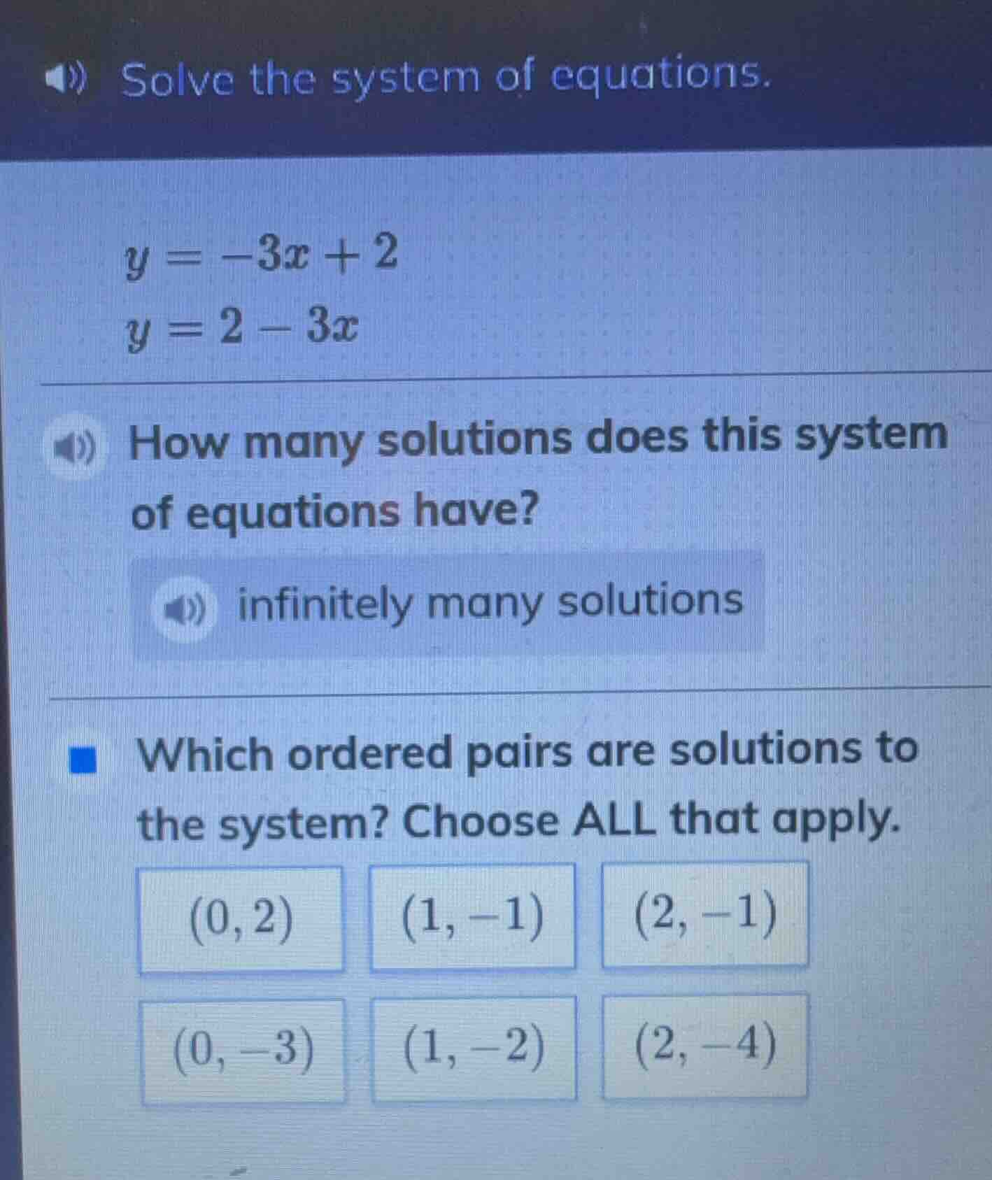 solve the system of equations.$y = -3x + 2$$y = 2 - 3x$how many solutio…