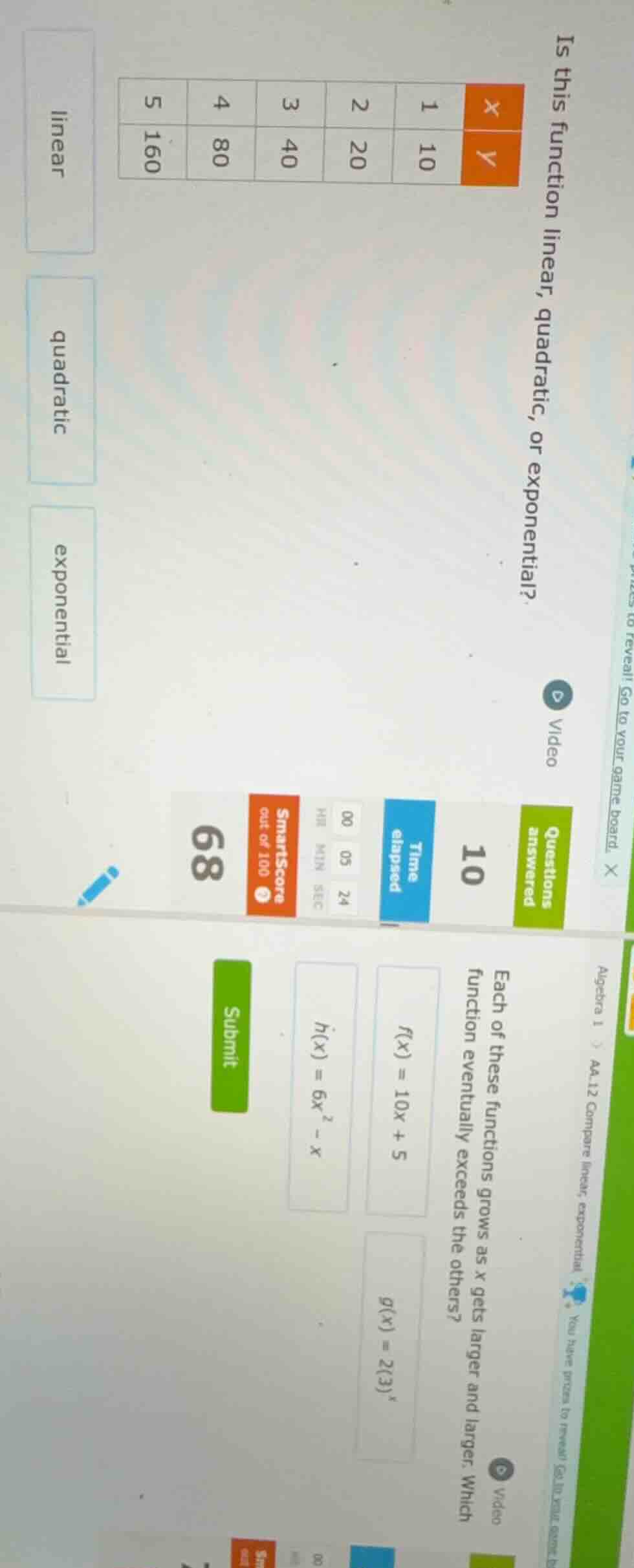 1. is this function linear, quadratic, or exponential? | x | y | | ----…