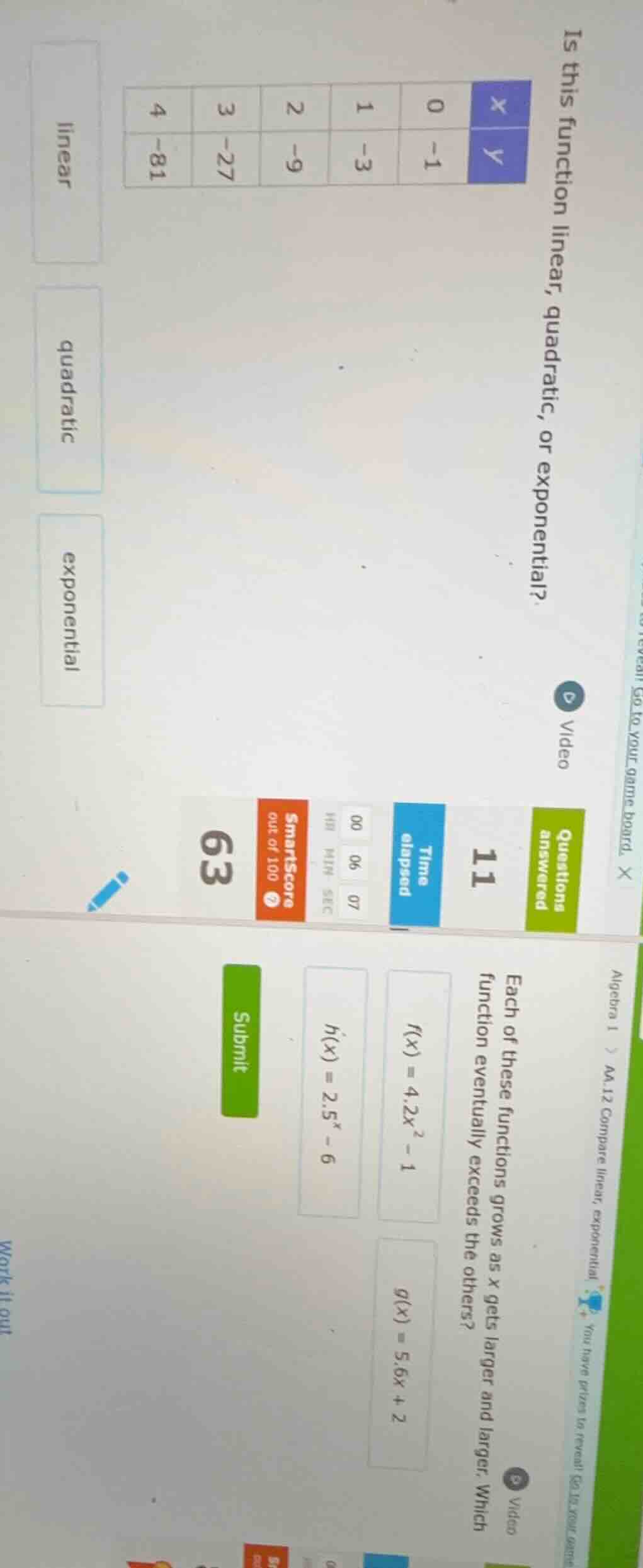 1. is this function linear, quadratic, or exponential? |x|y| |----|----…