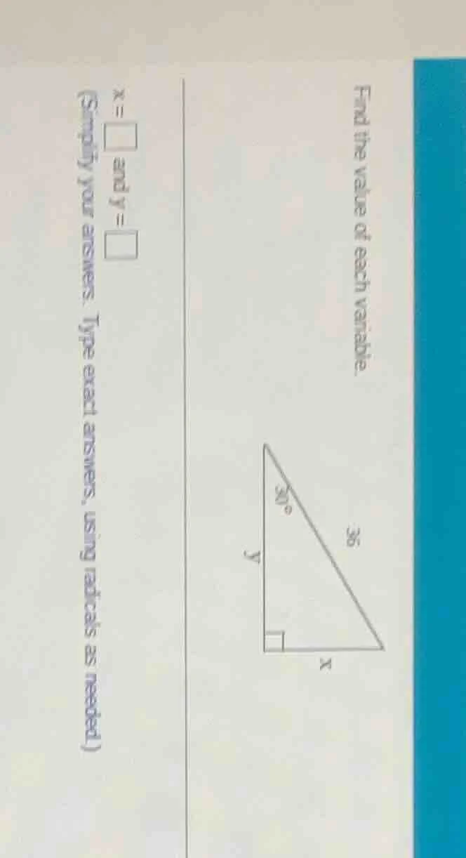 find the value of each variable. $x = \\square$ and $y = \\square$ (sim…