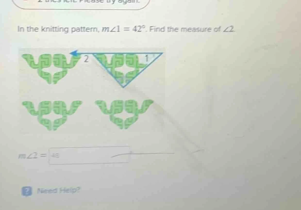 in the knitting pattern, $m\\angle1 = 42^\\circ$. find the measure of $…