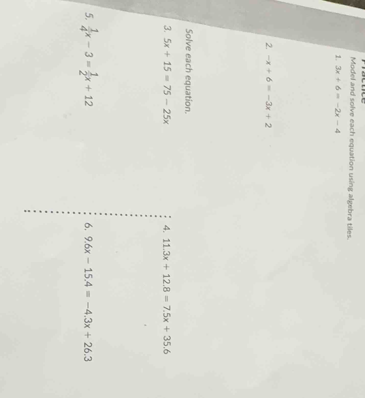 practice model and solve each equation using algebra tiles. 1. $3x + 6 …