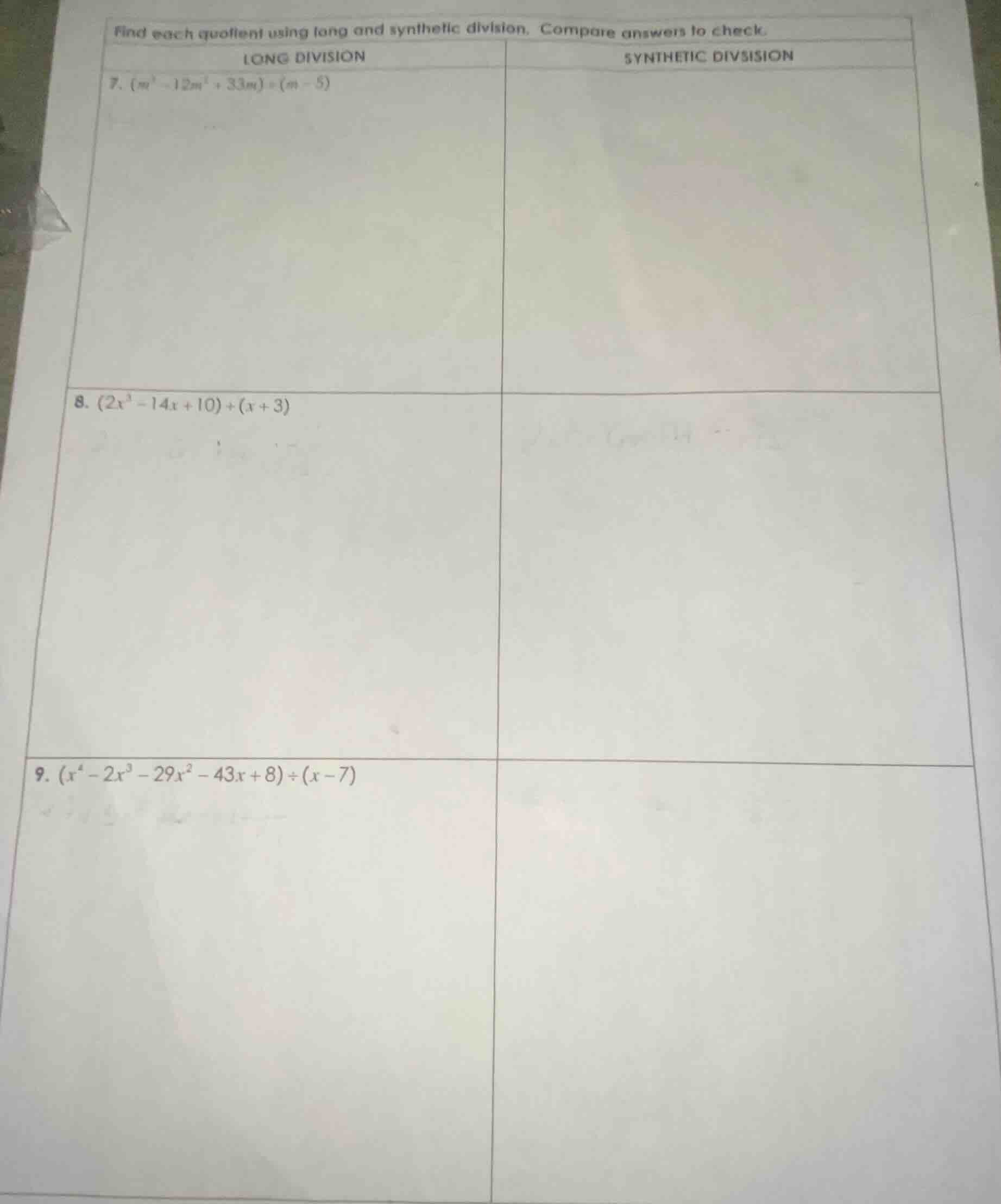 find each quotient using long and synthetic division. compare answers t…
