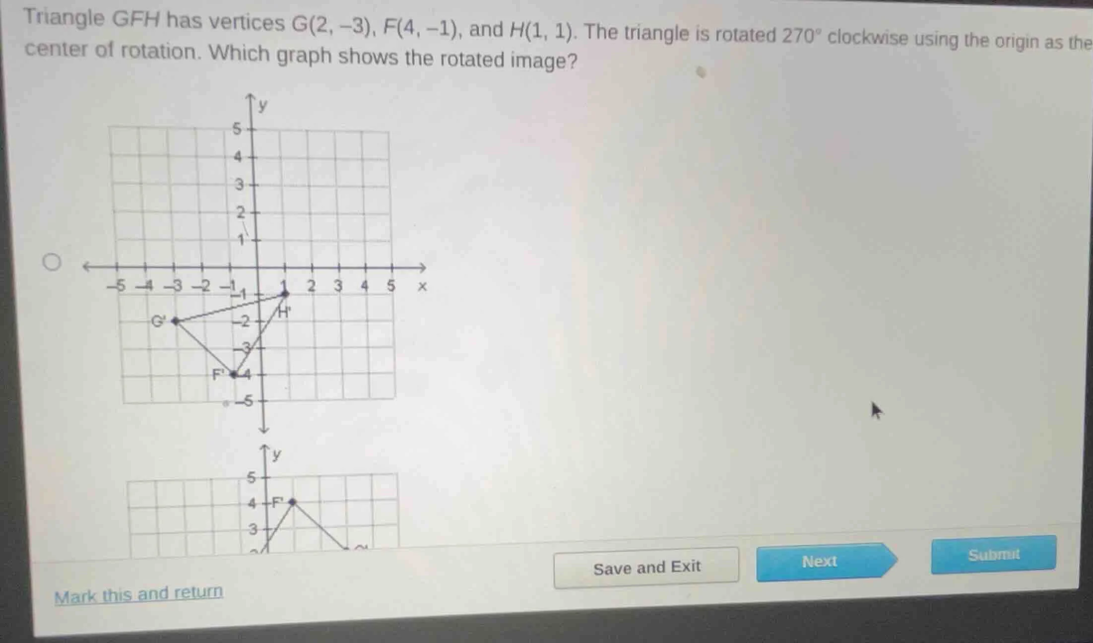 triangle gfh has vertices $g(2, -3)$, $f(4, -1)$, and $h(1, 1)$. the tr…