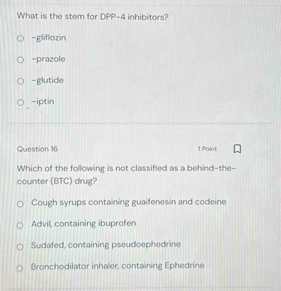 what is the stem for dpp-4 inhibitors? ○ -gliflozin ○ -prazole ○ -gluti…