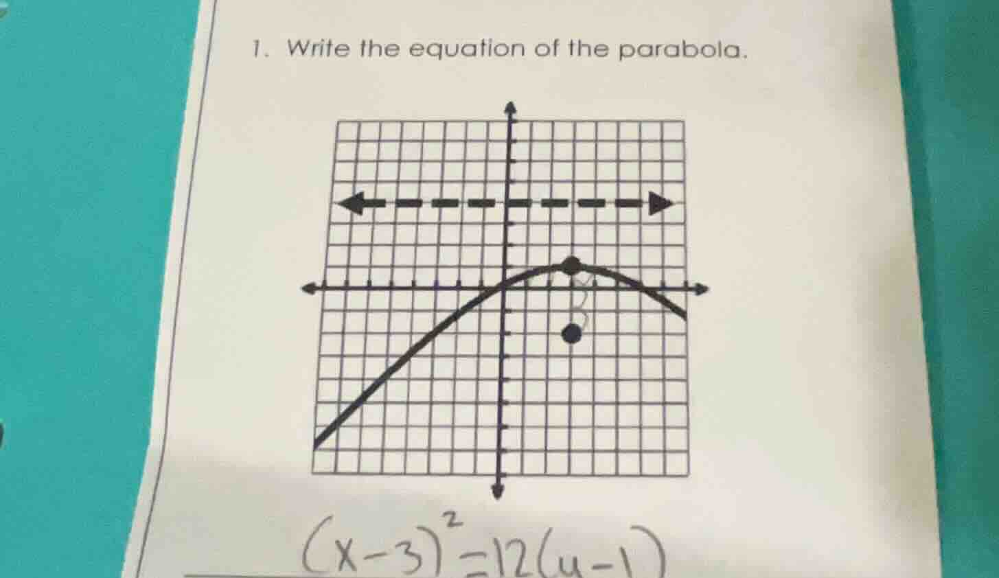 1. write the equation of the parabola. $(x-3)^2=12(y-1)$