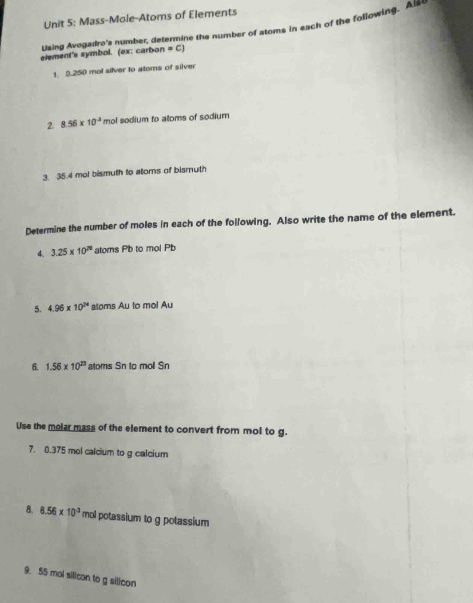 unit 5: mass-mole-atoms of elements using avogadros number, determine t…