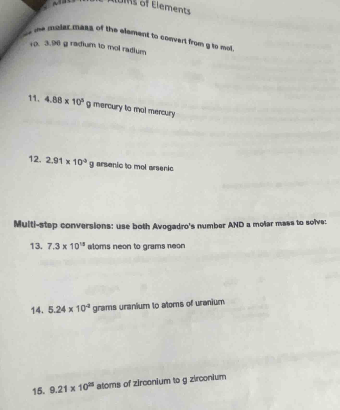 atoms of elements use the molar mass of the element to convert from g t…