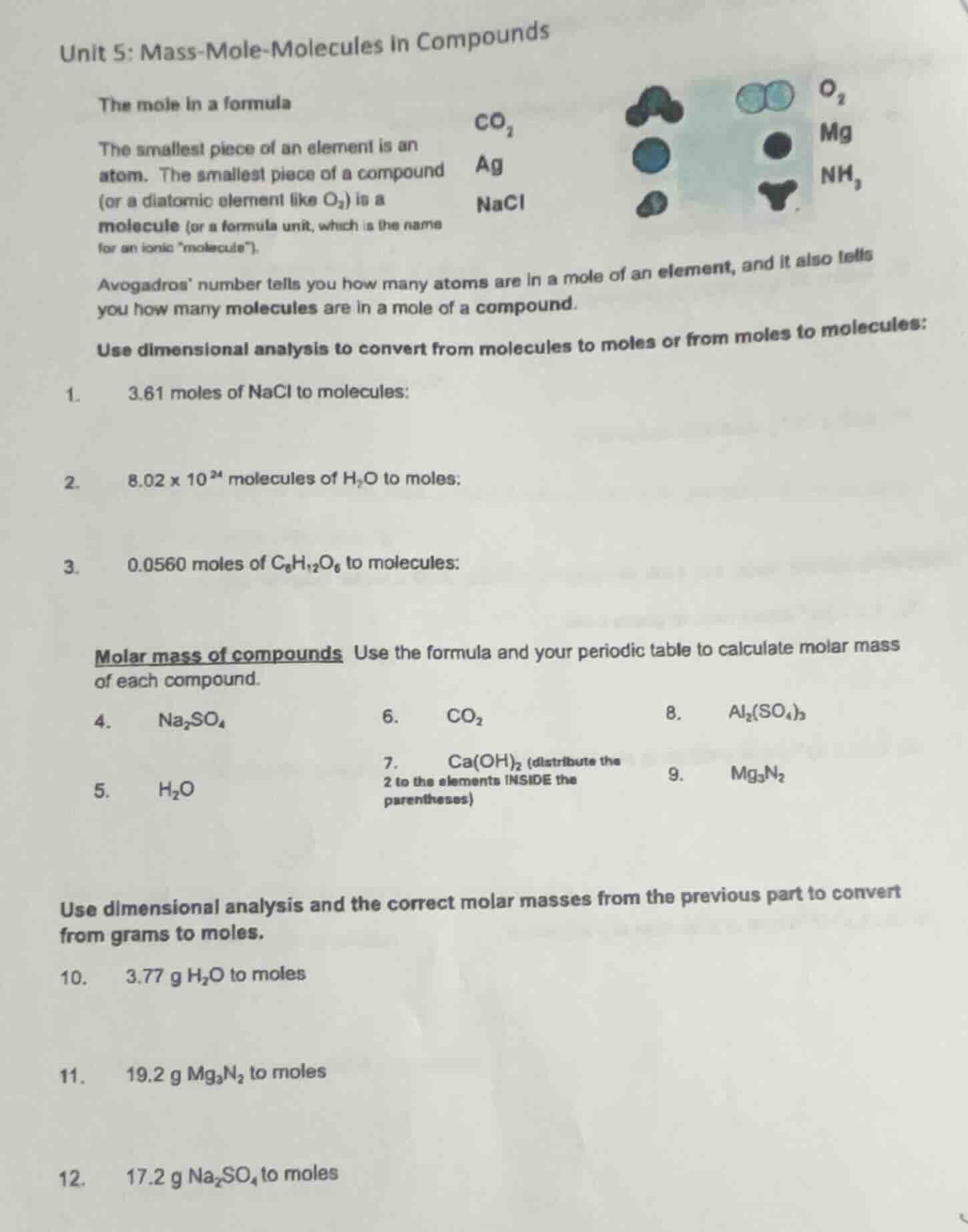 unit 5: mass-mole-molecules in compounds the mole in a formula the smal…