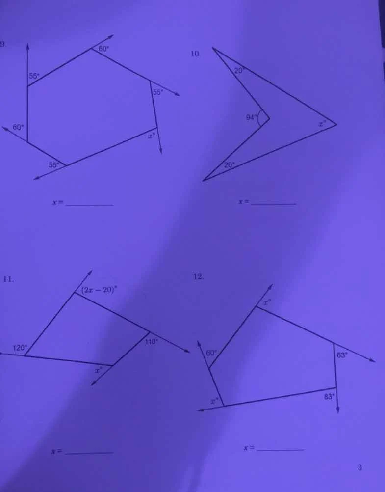 9. $x = \\underline{\\quad\\quad}$ 10. $x = \\underline{\\quad\\quad}$ …