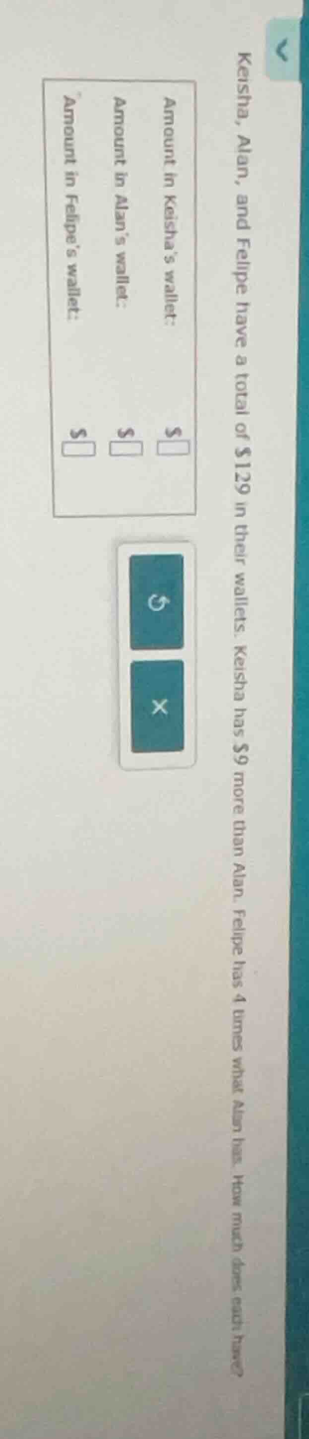 keisha, alan, and felipe have a total of $129 in their wallets. keisha …