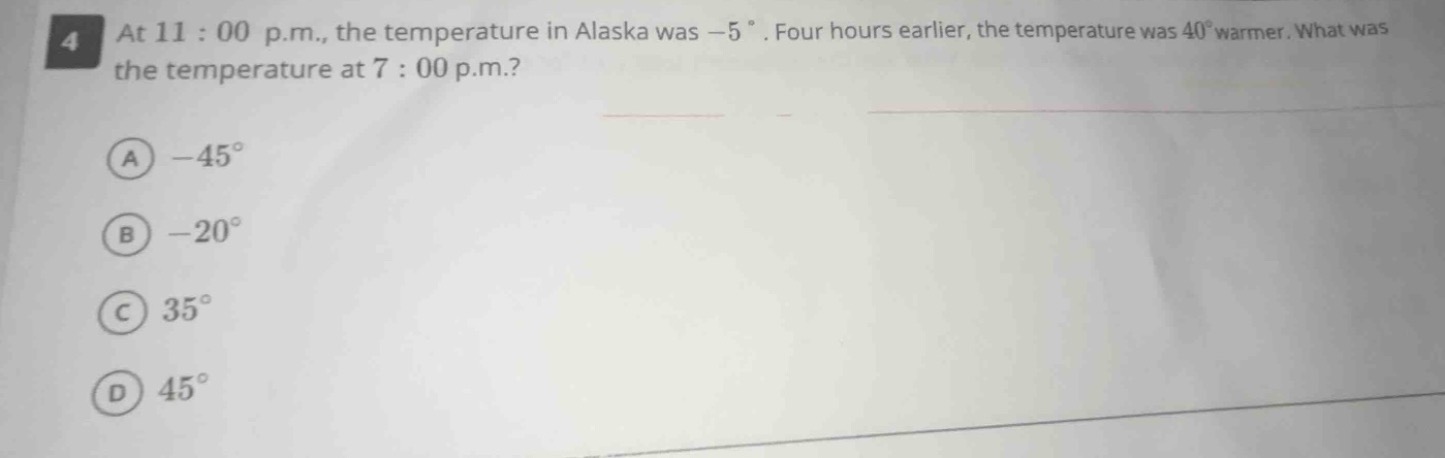 4 at 11:00 p.m., the temperature in alaska was $-5\\ ^\\circ$. four hou…