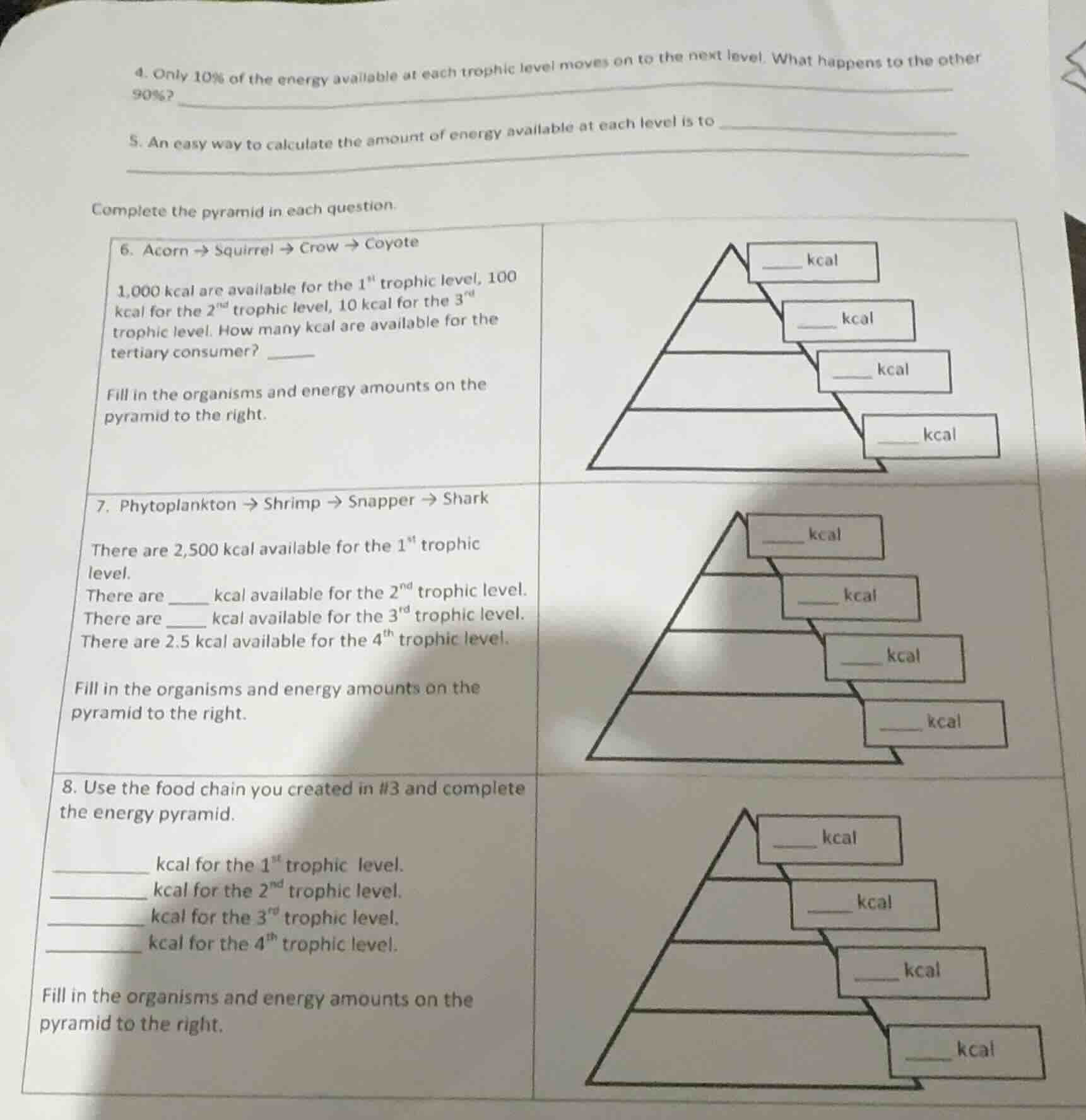 4. only 10% of the energy available at each trophic level moves on to t…