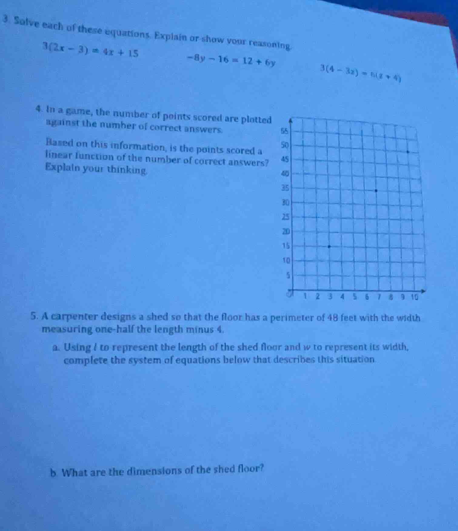 3. solve each of these equations. explain or show your reasoning.$3(2x …