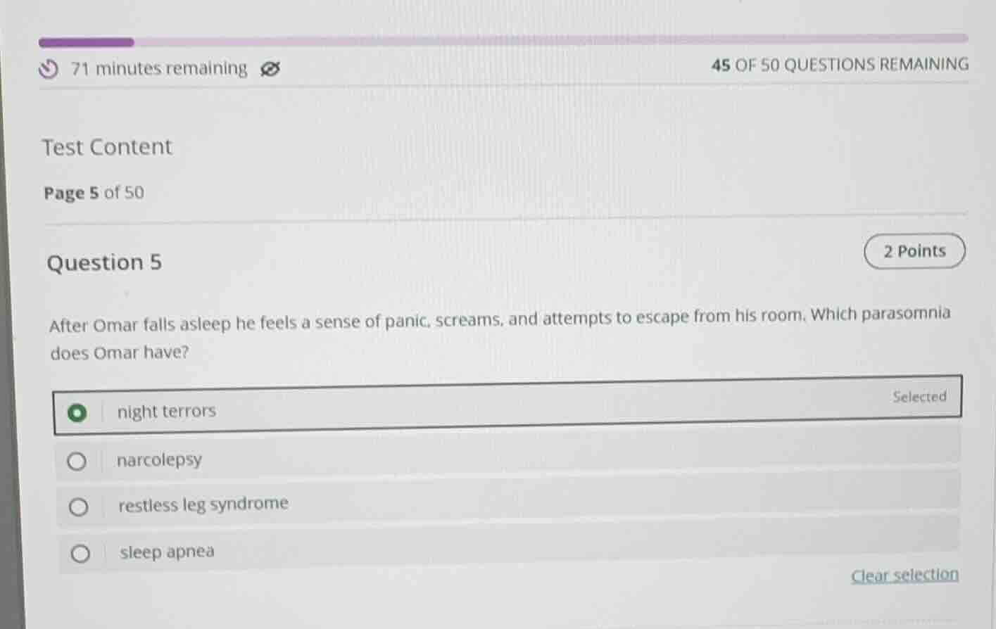71 minutes remaining45 of 50 questions remainingtest contentpage 5 of 5…