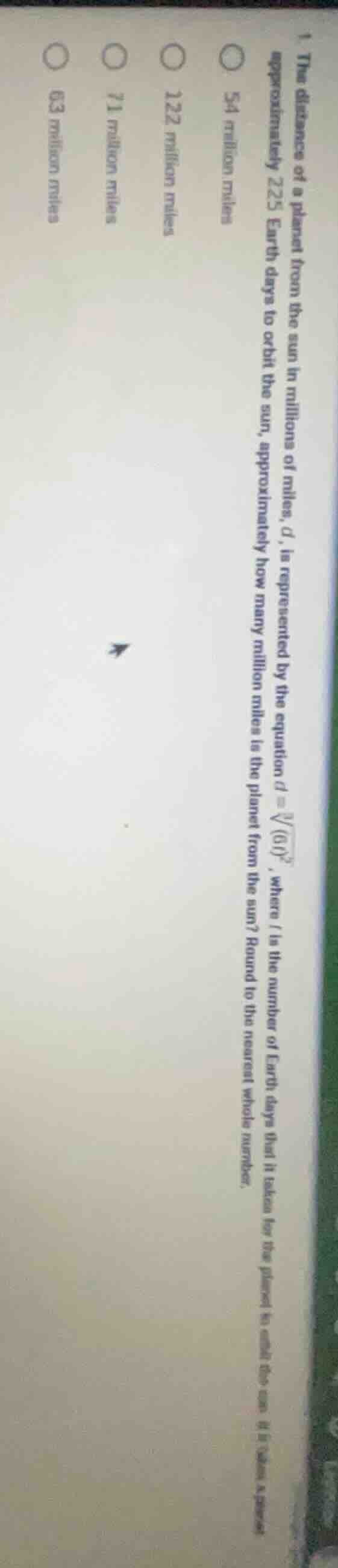 1. the distance of a planet from the sun in millions of miles, $d$, is …