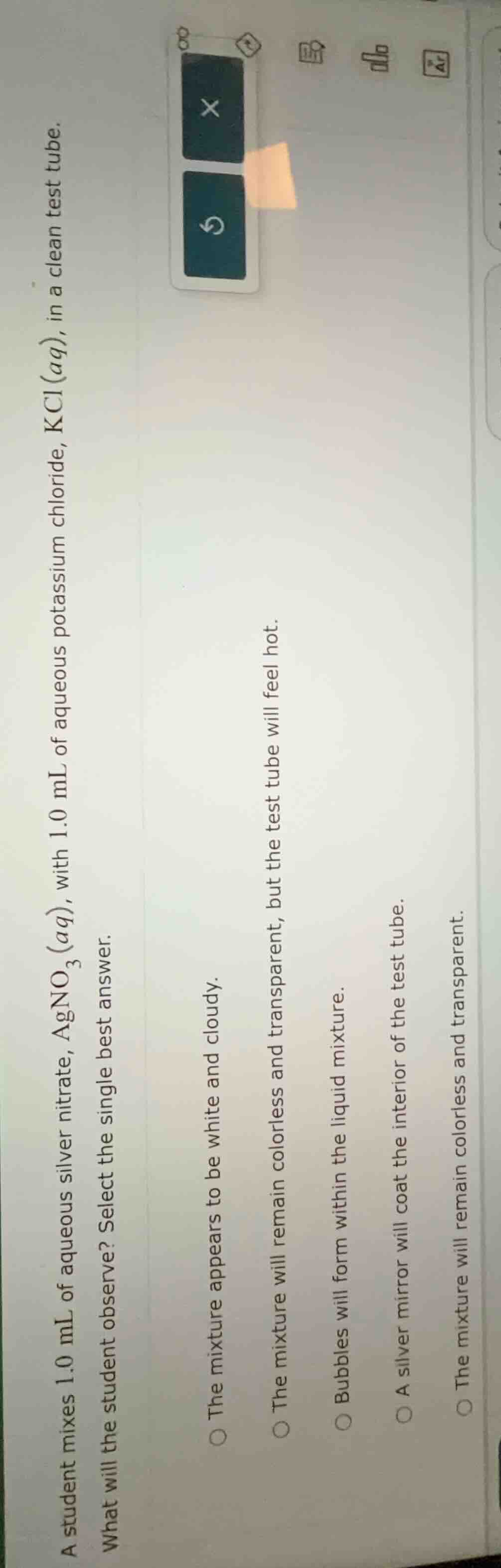 a student mixes 1.0 ml of aqueous silver nitrate, $ce{agno_{3}(aq)}$, w…