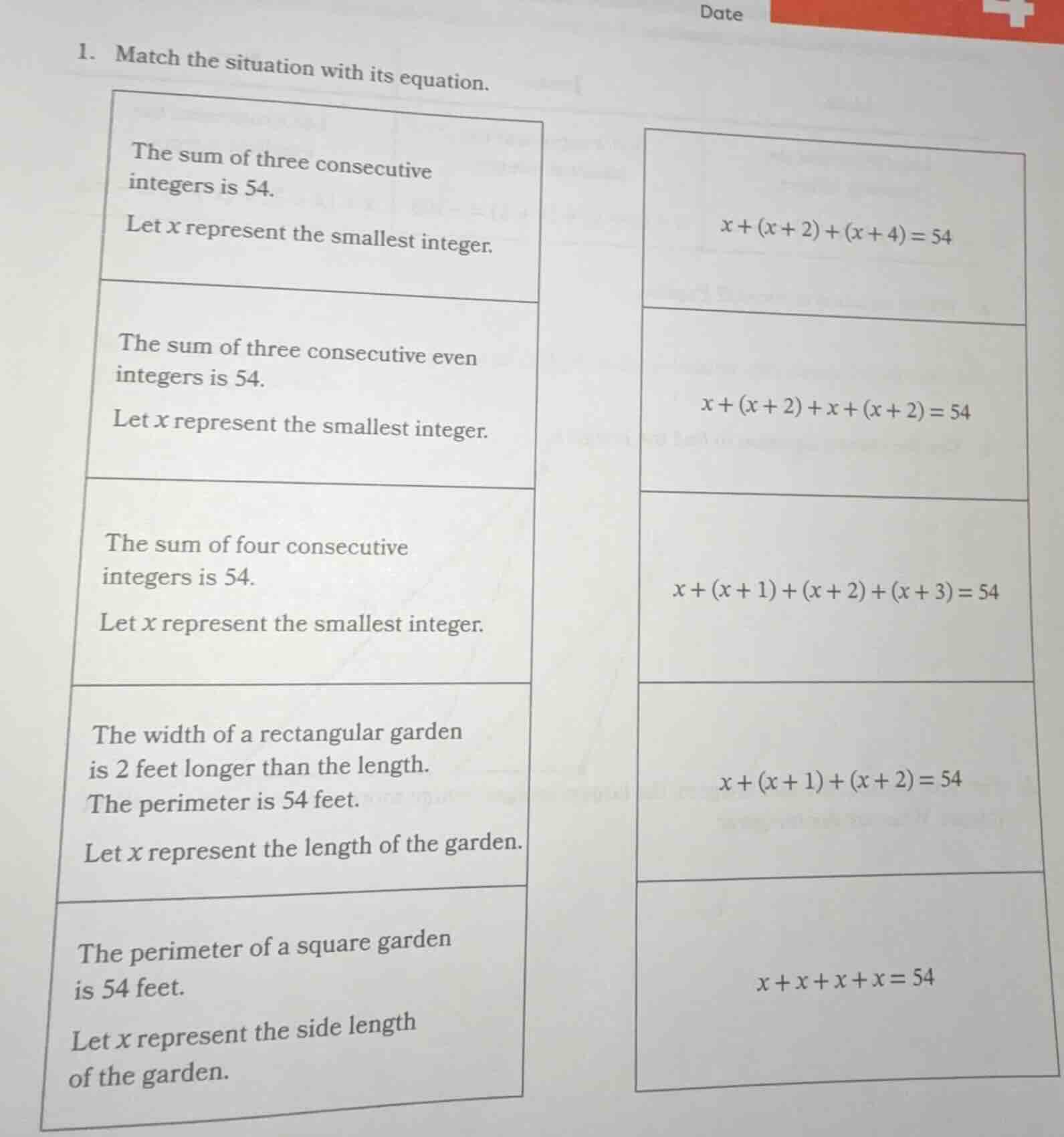 1. match the situation with its equation. the sum of three consecutive …