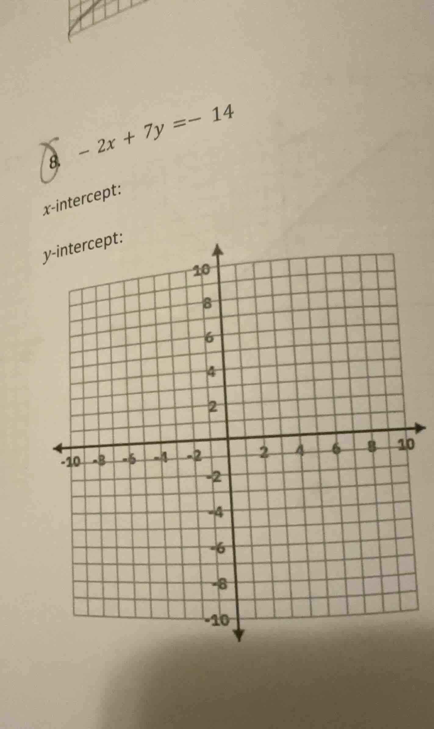 8. $-2x + 7y = -14$ x-intercept: y-intercept: