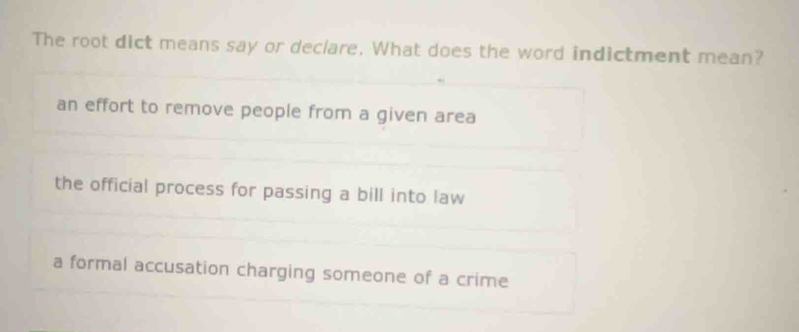 the root dict means say or declare. what does the word indictment mean?…
