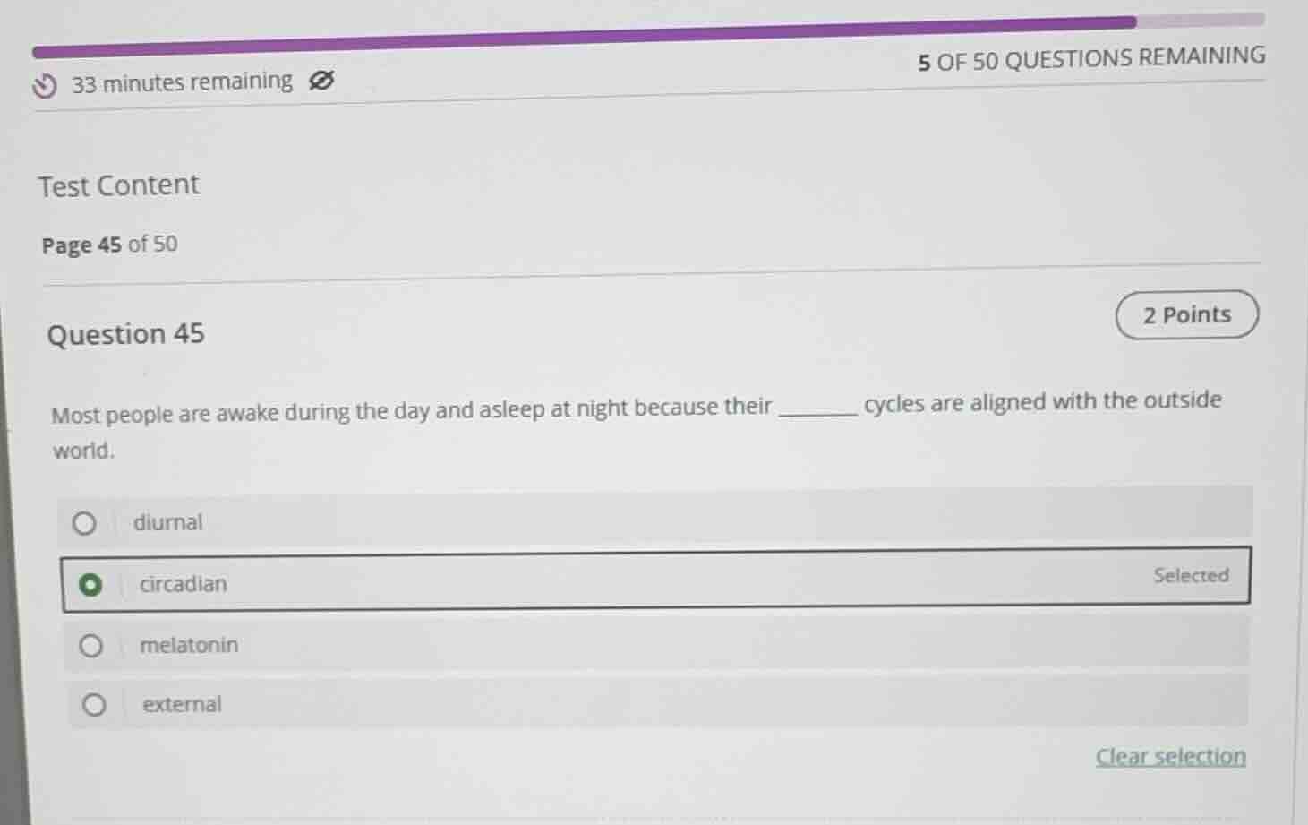 33 minutes remaining5 of 50 questions remainingtest contentpage 45 of 5…