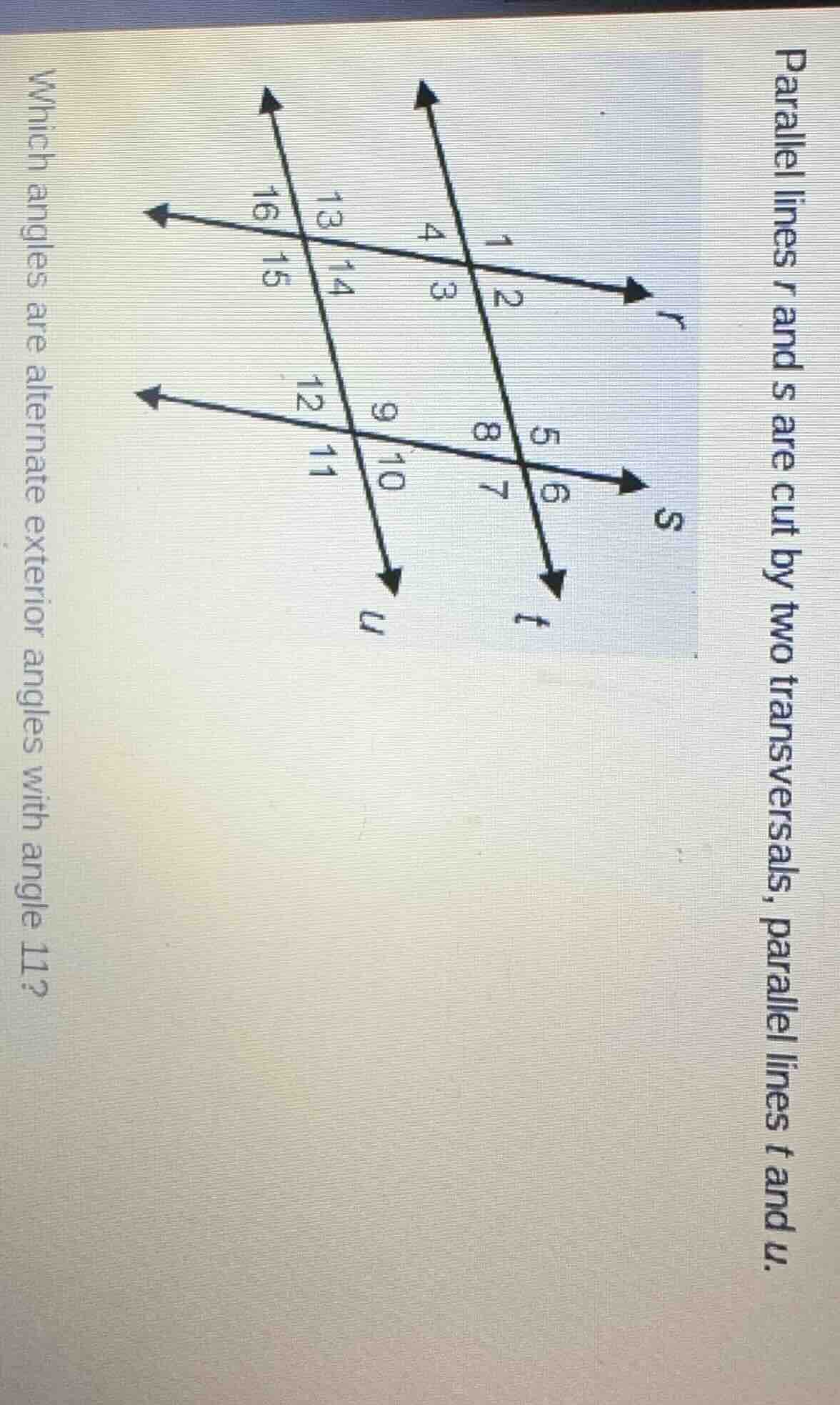 parallel lines r and s are cut by two transversals, parallel lines t an…