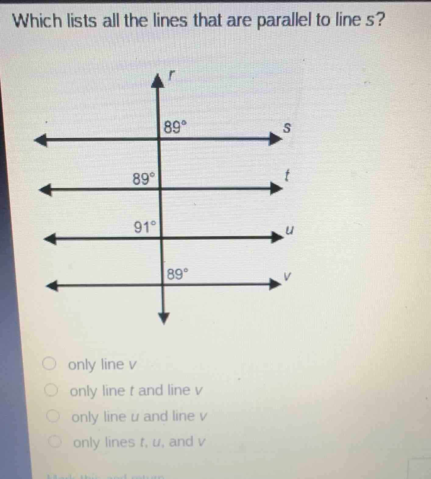 which lists all the lines that are parallel to line s?only line vonly l…