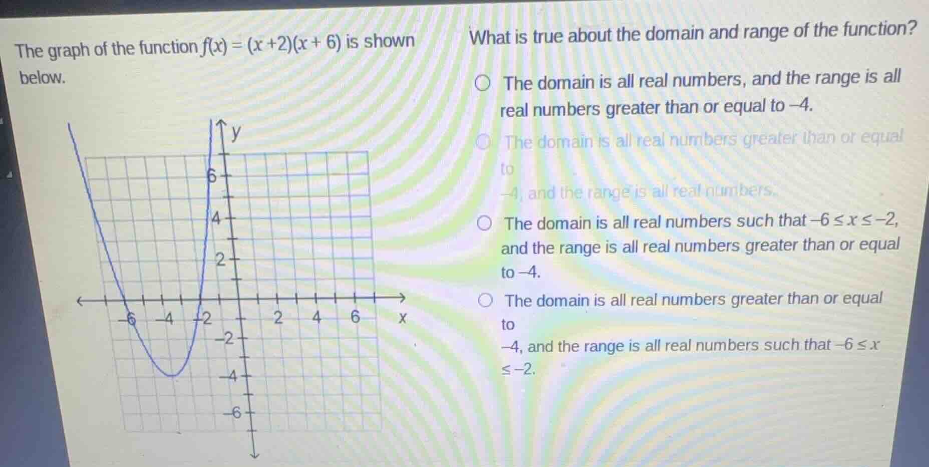 the graph of the function $f(x) = (x +2)(x + 6)$ is shown below. what i…