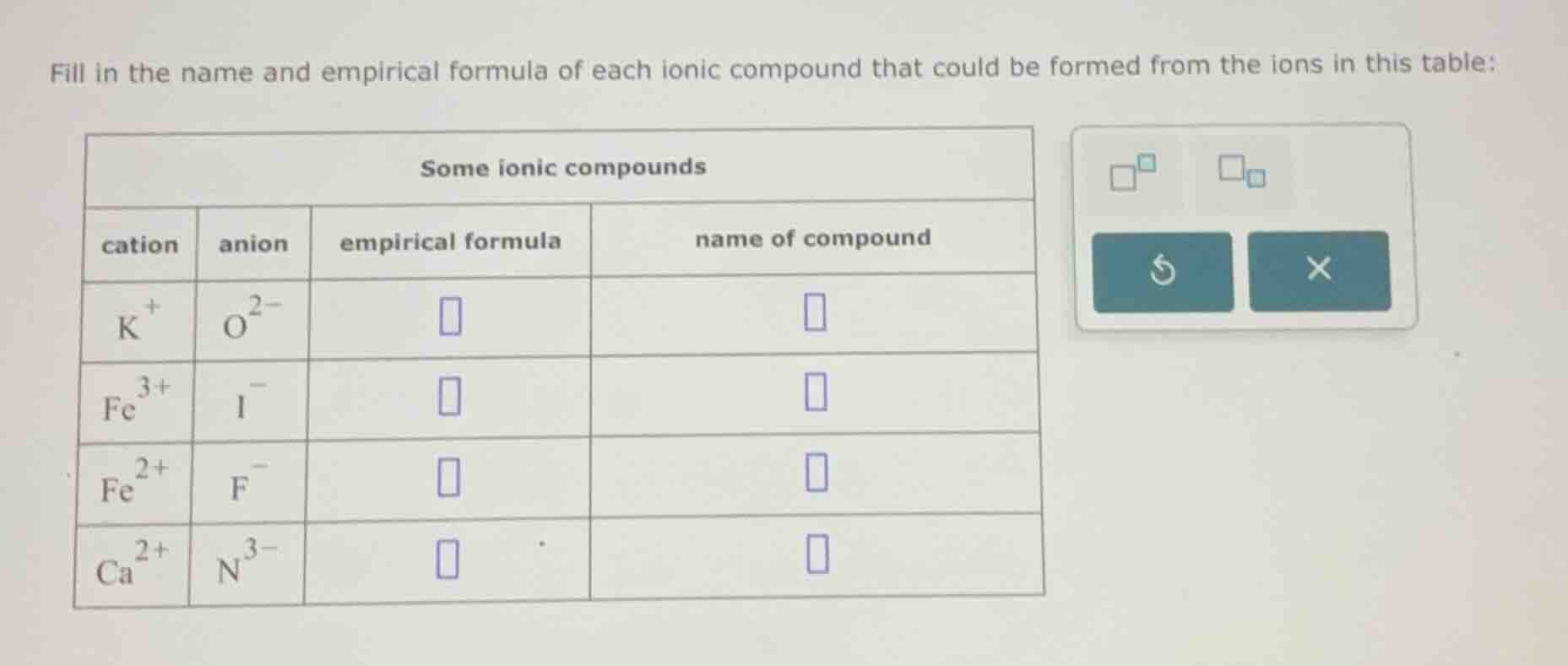 fill in the name and empirical formula of each ionic compound that coul…