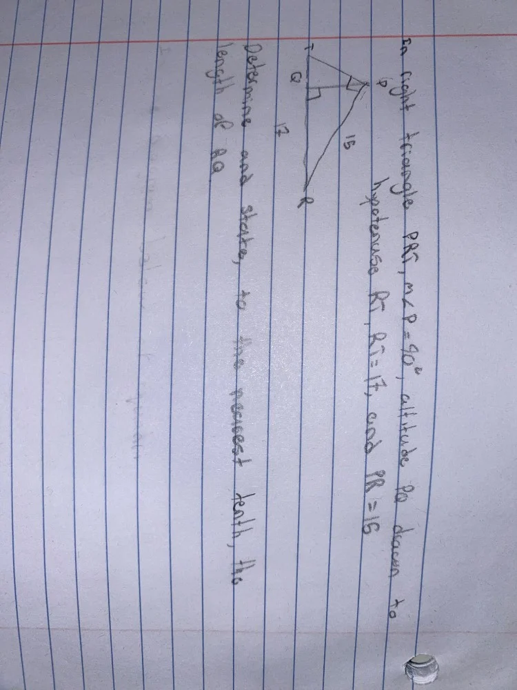 in right triangle prt, m∠p=90°, altitude pq drawn to hypotenuse rt, rt=…