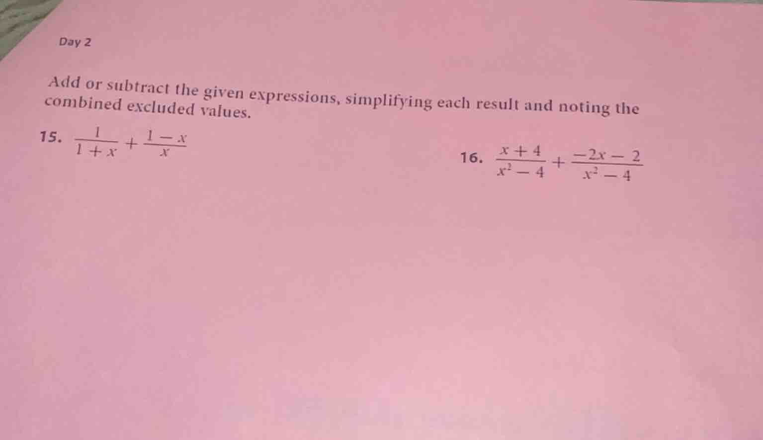 day 2 add or subtract the given expressions, simplifying each result an…