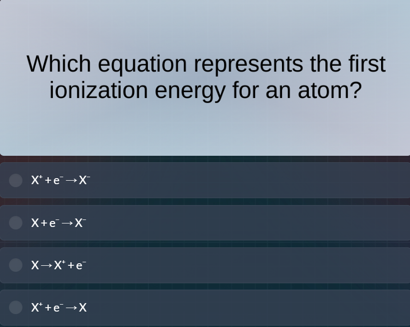 which equation represents the first ionization energy for an atom? $x^+…