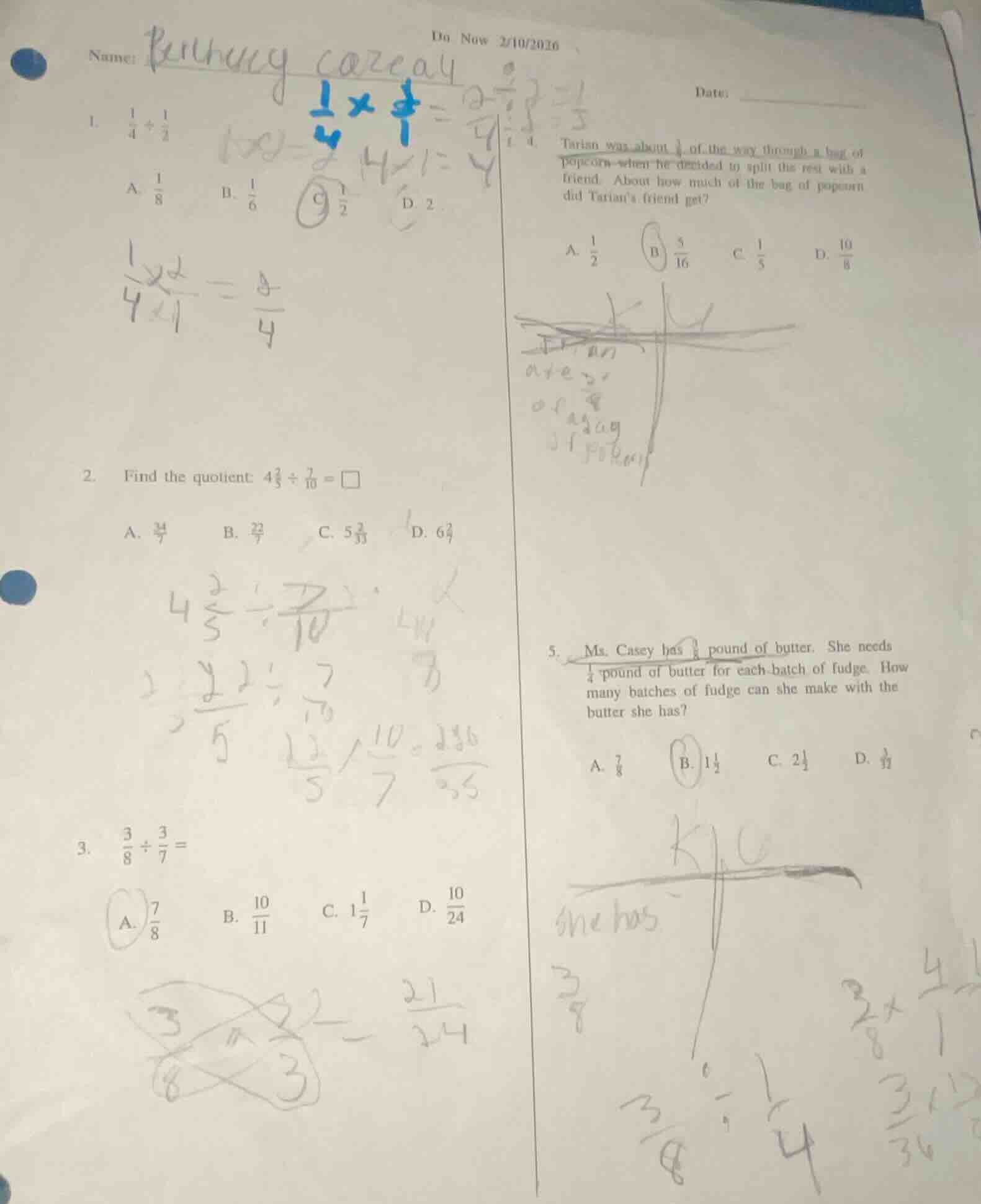 do now 2/10/2026 name: date: 1. $\frac{1}{4} div \frac{1}{2}$ a. $\frac…