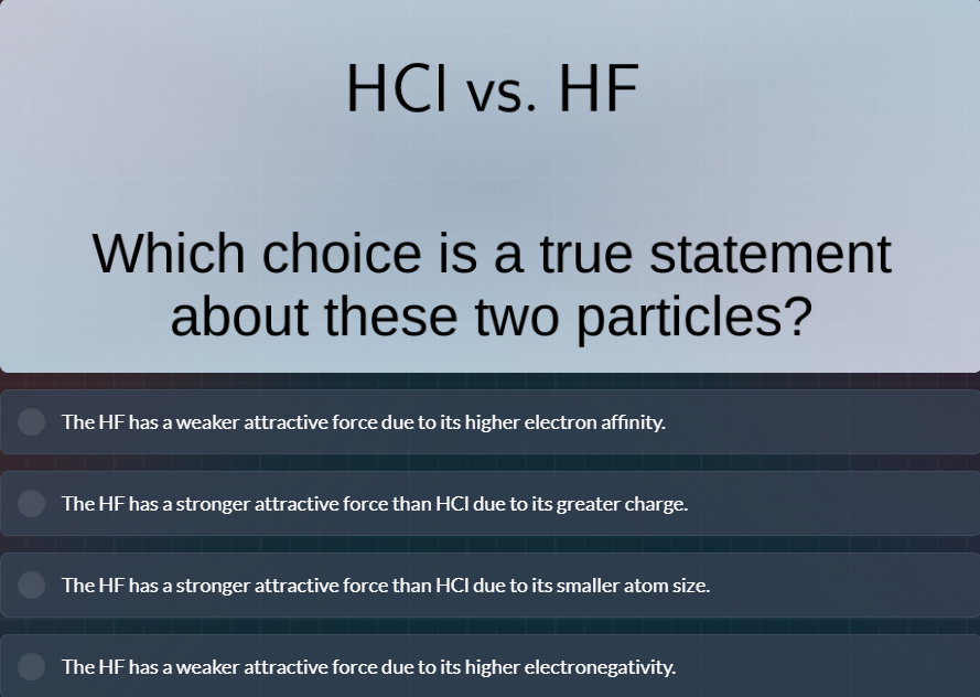 hcl vs. hf which choice is a true statement about these two particles? …