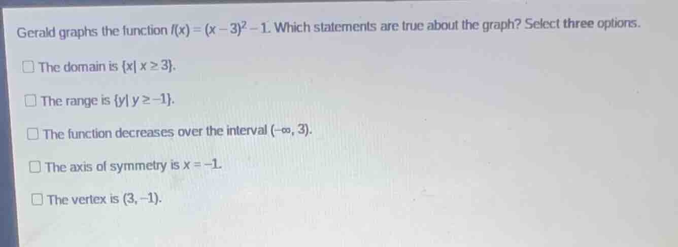 gerald graphs the function $f(x)=(x-3)^2 - 1$. which statements are tru…