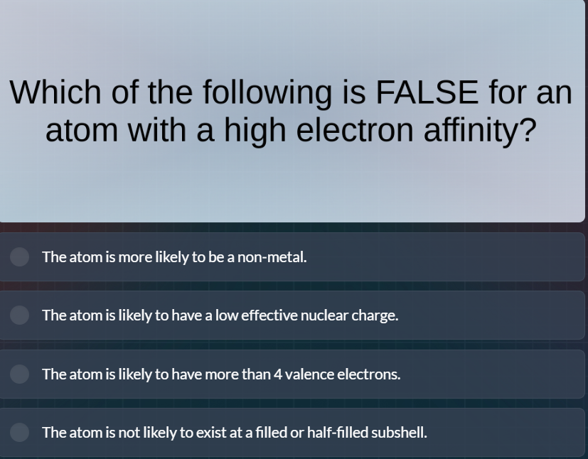 which of the following is false for an atom with a high electron affini…