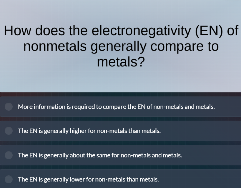 how does the electronegativity (en) of nonmetals generally compare to m…