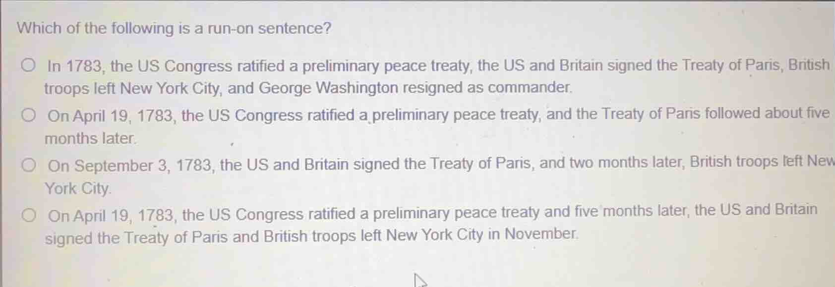 which of the following is a run-on sentence? ○ in 1783, the us congress…