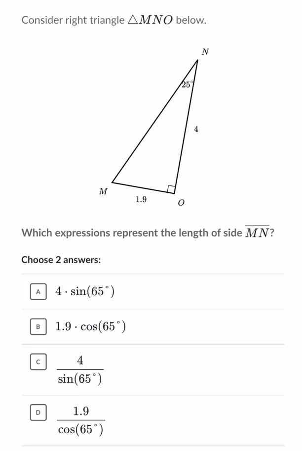 consider right triangle $\\triangle mno$ below. which expressions repre…