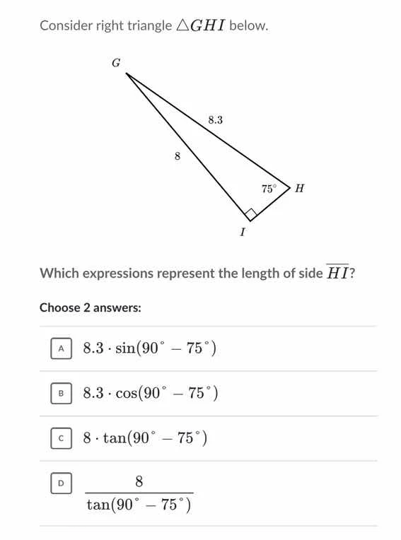 consider right triangle $\\triangle ghi$ below. which expressions repre…