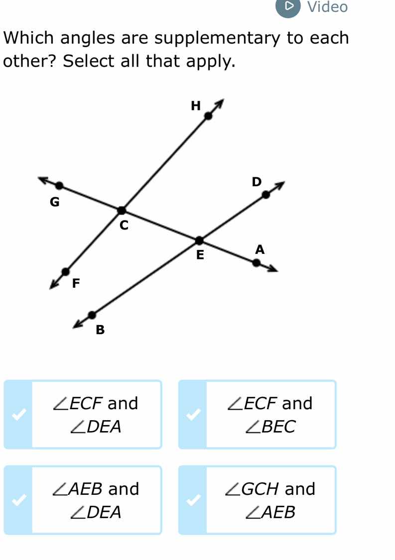 which angles are supplementary to each other? select all that apply. $\…