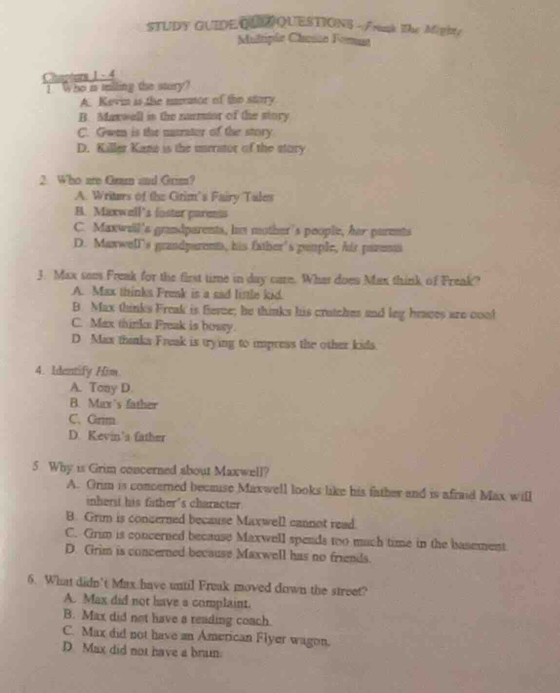 study guide questions - freak the mighty multiple choice format chapter…