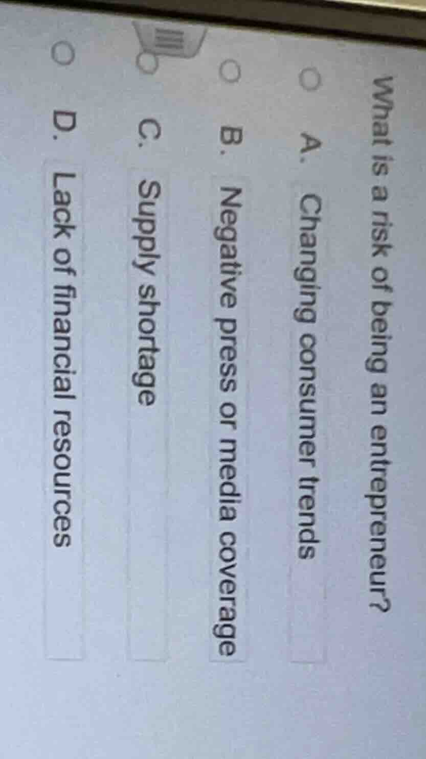 what is a risk of being an entrepreneur? a. changing consumer trends b.…